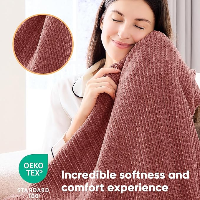 inhand Knitted Coral Pink Throw Blanket for Couch Bed,Chunky Chenille Woven Soft Warm Christmas Blankets Gifts for Women with Tassels, Cozy Boho Farmhouse Fall Winter Decor,60"x80",Extra Thick