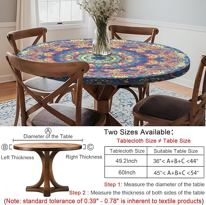 Waterproof Fitted Round Tablecloth Boho Table Cloth Summer Fall Outdoor Circle Cover for 48 Inch 45-54" Table Dining Kitchen Apartment Essentials Picnic Camping Party Decor Housewarming Gift