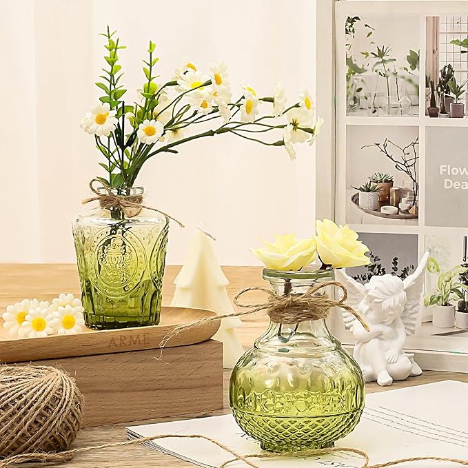 Arme Bud Vase Set of 32, Green Vases Glass Bud Vases in Bulk, Small Vases for Centerpieces Mini Flower Vase Set Cute Vintage Glass Vase Set for Flower Wedding Home Centerpiece Table Decorations