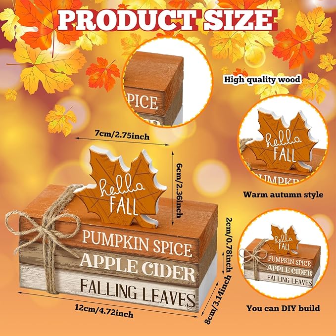 4 Pcs Fall Decorations for Home Fall Tiered Tray Decor Thanksgiving Wood Book Stack with Sign Autumn Stacked Book Decor Bundle for Office Table Shelf Decorative Trays(Maple Leaf)