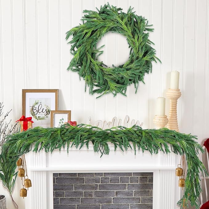 2 Pcs 6 Ft Christmas Norfolk Pine Garlands, Real Touch Faux Pine Garland, Realistic Green Fake Greenery Garland for Christmas Table, Mantle, Wall, Outdoor Holiday Winter Decorations(2, 6 FT)