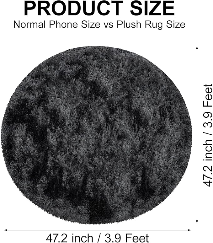 4x4 ft Tie Dye Black Round Rug for Bedroom Room Fluffy Circle Rug Furry Carpet Shaggy Circular Fuzzy Washable Non-Slip Large Area Rug Soft Indoor for Living Room Cute Aesthetic Home Decor