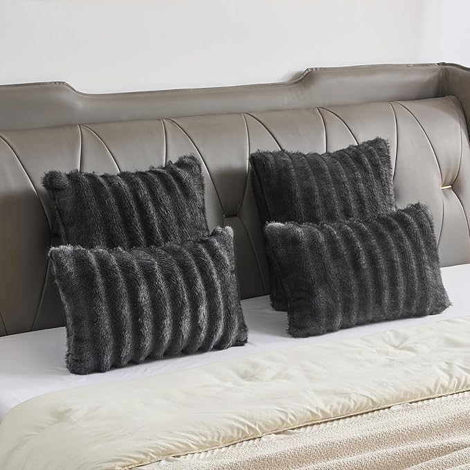 FUTEI Dark Grey Pink Decorative Throw Pillow Covers 22x22 Inch Set of 2,Soft Fluffy Faux Mink Fur Dyeing Striped Textured Cushion Case,Modern Home Decor for Couch Bed Living Room