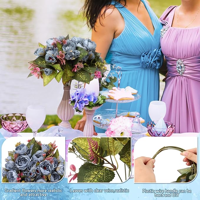 Geosar 8 Bundles Artificial Peonies Flowers Fake Silk Peony Bouquet Faux Peonies Flowers Bulk for Decoration Vase Florals Arrangements Wedding Party Table (Blue)