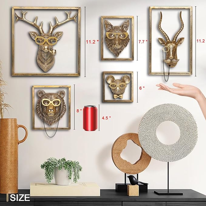 Animal Heads Wall Decor (Includes Metal Frame) Resin Animals Sculptures Head Wall Hanging Decoration Gold vintage Wall Sculpture for Living Room Bedroom Office(Bear)