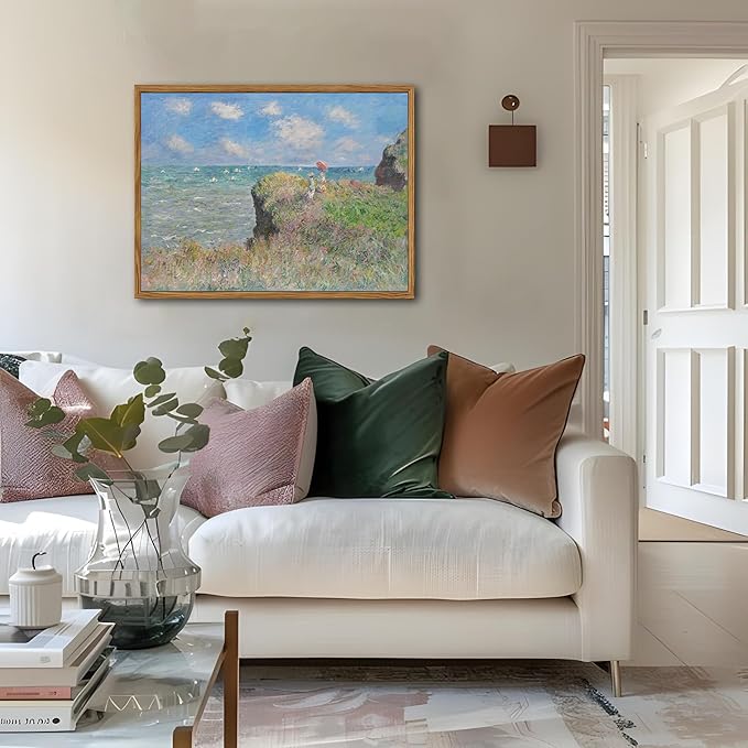 Framed Vintage Monet Wall Art Coastal Decor – Impressionist Seaside Oil Painting Canvas Prints – Nature Beach Scene Landscape Aesthetic Wall Decor for Living Room Bedroom Bathroom – 16"x24"