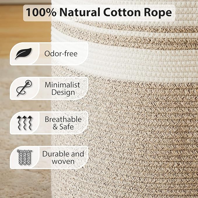 Fiona's magic 72L Large Woven Laundry Hamper, Tall Cotton Rope Storage Basket, Jute Baby Nursery Hamper for Blankets, Toys and Clothes in Bedroom and Living Room Organizing, Brown & White