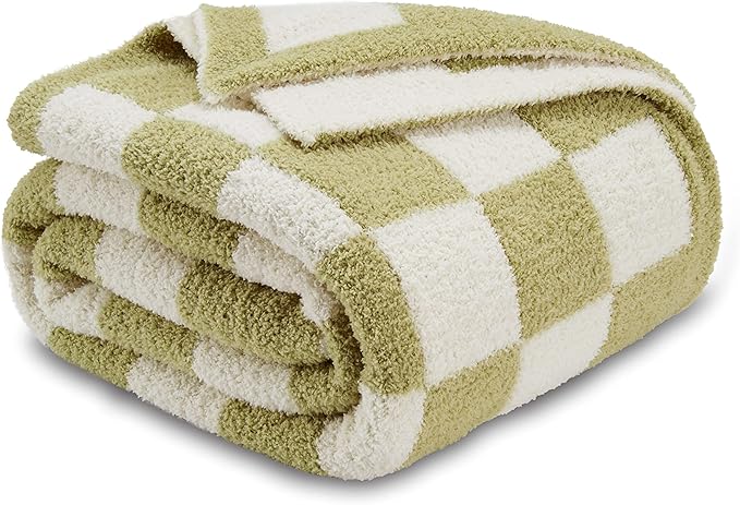 CozeCube Checkered Blanket, Ultra Soft Cozy Sage Green and White Throw Blanket, Warm Cozy Knit Fuzzy Plush Checkerboard Throw for Couch Bed Sofa, 50"x60"