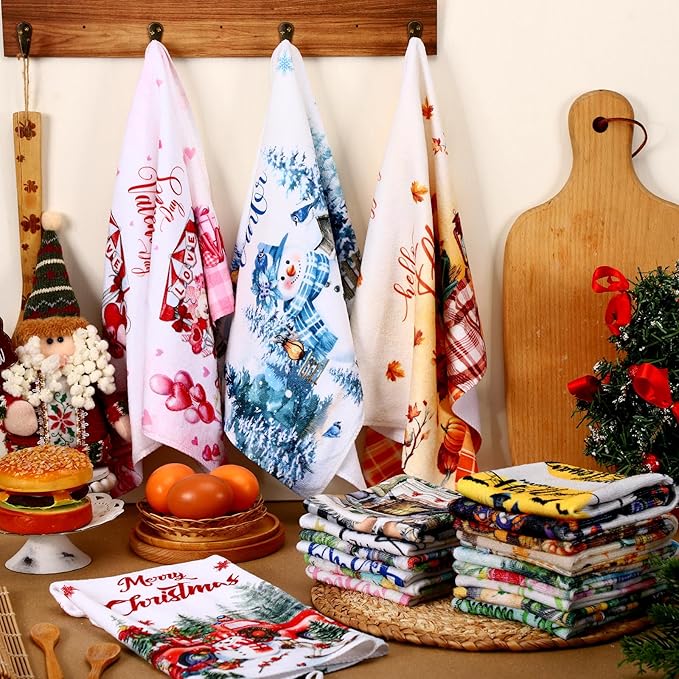 12 Pcs Seasonal Kitchen Towels Set for All Holidays Hand Dish Tea Towels Fall Halloween Christmas Cute Drying Dishcloths Decorative Absorbent Wash Cloths(Fresh Style)