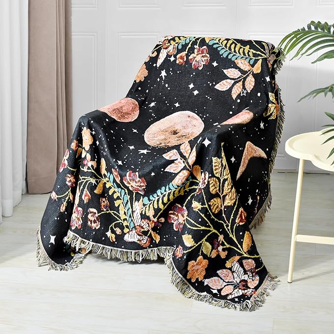 Boho Throw Blanket Reversible Cotton Bohemian Tapestry Hippie Room Decor Double Sided (Lunar Eclipse Black 50"x60")