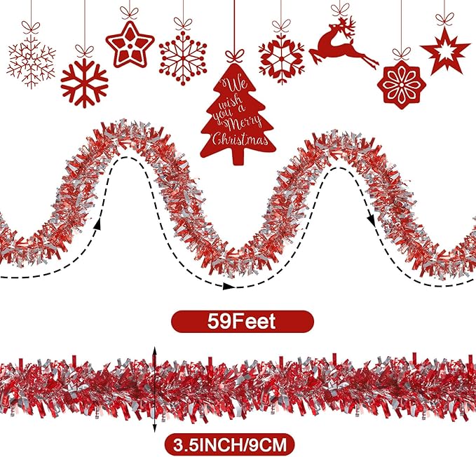 Dingion 59 Feet Christmas Tinsel Garland Metallic Twist Ornaments Hanging Glitter Xmas Garland for Christmas Tree Indoor Outdoor Decoration Party Supplies