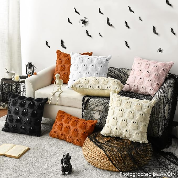 AVOIN colorlife Halloween Ghost Beige Throw Pillow Cover Set of 2, 12 x 20 Inch Soft Plush Faux Fur Jacquard Spooky Cushion Case Decoration for Sofa Couch