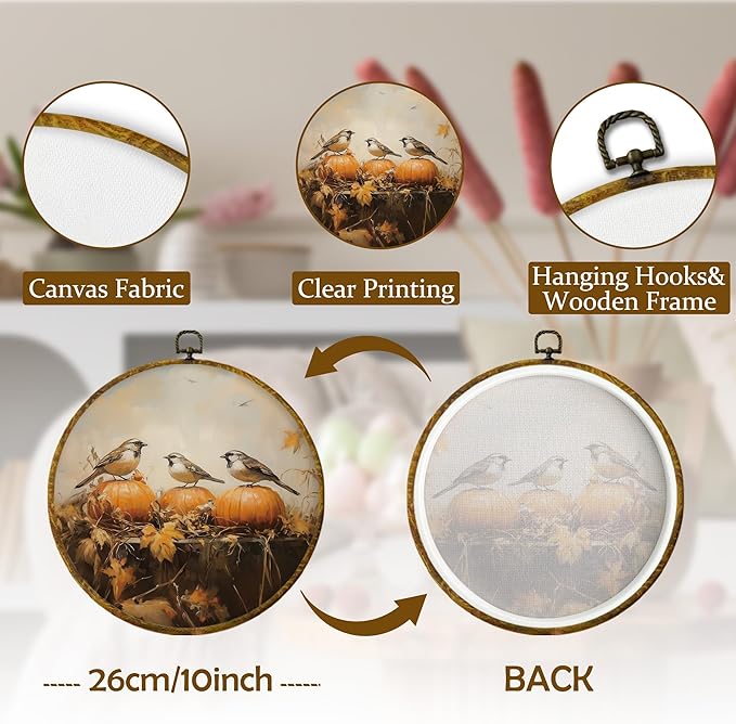 Mcehtle Rustic Fall Bird Pumpkin Wall Art Decor, Autumn Maple Leaf Sparrow Bird Framed Canvas Prints 10x10, Thanksgiving Halloween Farmhouse Round Wall Hanging Artwork Decorations for Home Bedroom