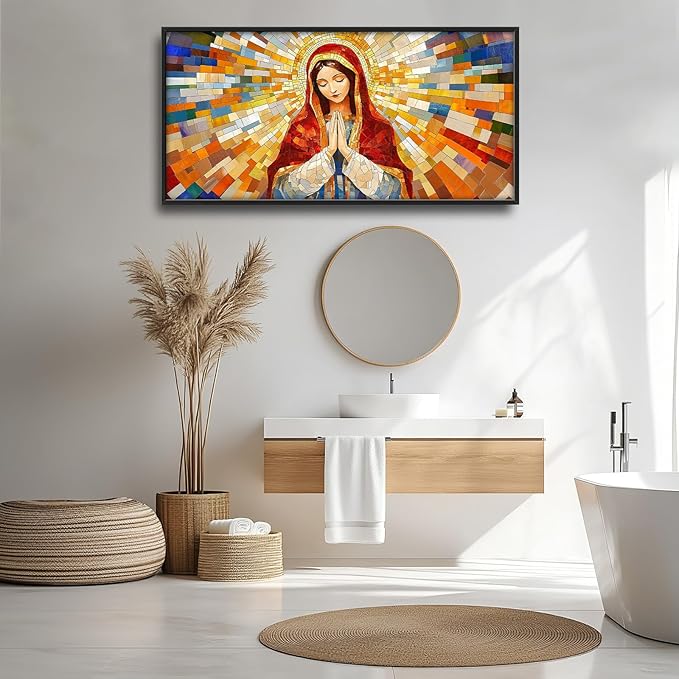 Virgin Mary Wall Art for Living Room, Our Lady of Guadalupe Canvas Wall Decor, Large Jesus Mother Pictures Framed Painting, Catholic Spiritual Artwork for Bedroom Office Home Decor 60L'' × 30W''