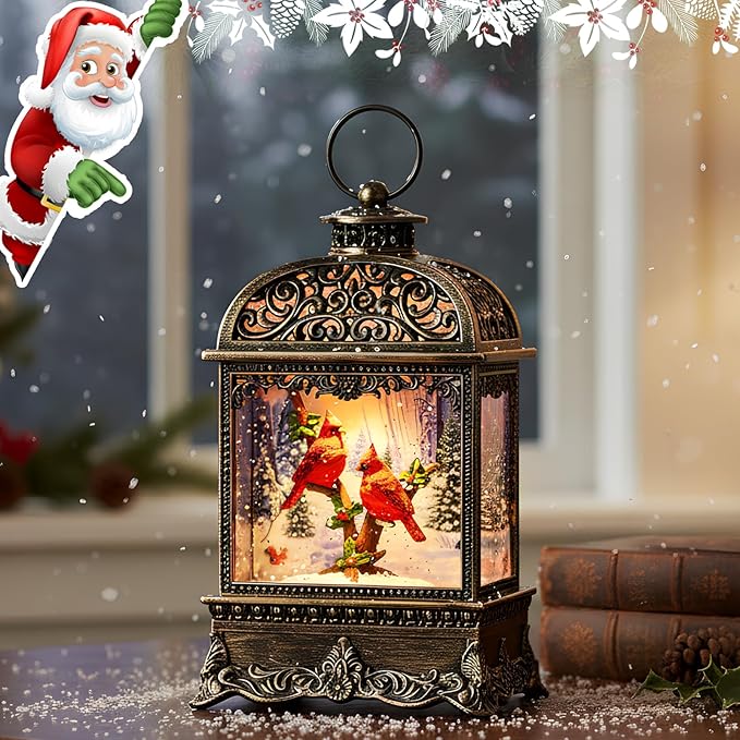Christmas Snow Globe Lighted Cardinal Scene, Musical Snow Water Lantern Swirling Glittering Holiday Decoration and Gift for Family Children or Friends