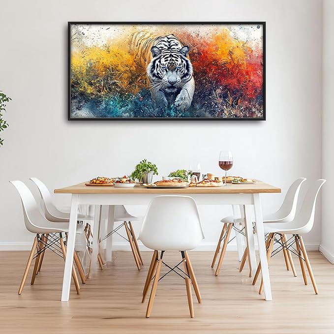 Extra Large Framed Abstract White Tiger Wall Art,Oversized Colorful Cool Tiger Wall Decor,Wild Animal Pictures for Living Room,Canvas Print Painting Modern Artwork Bedroom Office Bathroom 60L x30W