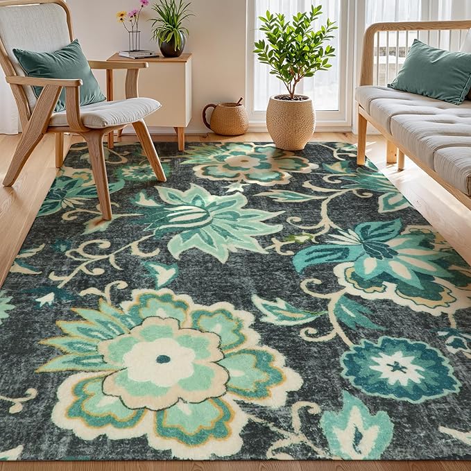 Lahome Floral Area Rug for Living Room - 4 x 6 Rug Washable Non-Slip Soft Rugs for Bedroom Throw Lightweight Boho Dining Room Rug, Blue Paisley Print Indoor Floor Carpet for Office Kitchen Entryway