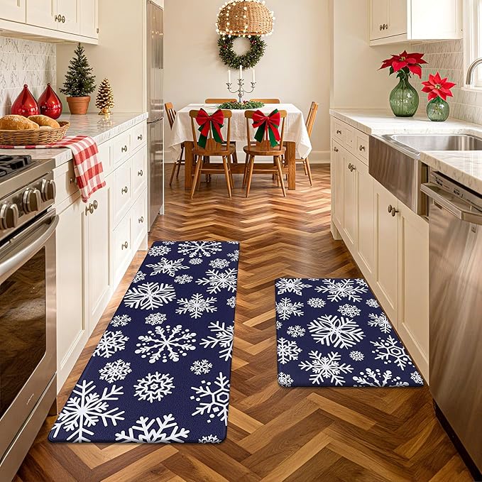 SHACOS Christmas Kitchen Rugs Set of 2 Anti-Fatigue Kitchen Mats Cushioned Blue Christmas Kitchen Rugs White Snow Farmhouse Kitchen Mats and Rugs for Xmas 17x27.5+17x47, Blue Snowflakes