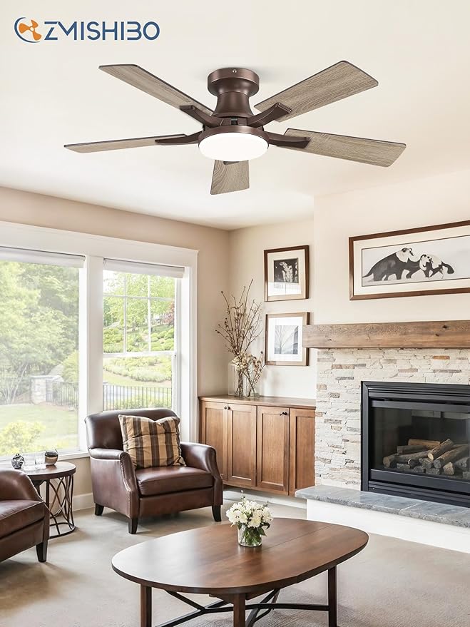 ZMISHIBO 42 Inch Ceiling Fan with Light, App&Remote Control, Flush Mount Low Profile, Dimmable 20W LED Light, Quiet Reversible Motor for Bedroom, Living Room, Apartment, Brown