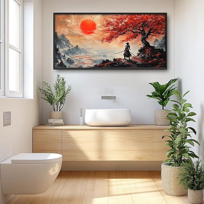 Flintis Large Samurai Framed Wall Art Japan Warrior Pictures Wall Decor Abstract Japanese Art Canvas Painting Print Artworks Decor Framed for Living Room Bathroom Master Bedroom Office 60L X 30W