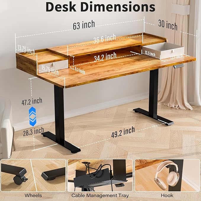 Kingant 63 x 30 Inch Standing Desk with Drawers, Adjustable Height Electric Sit Stand Desk with Storage Shelf, Rising Stand Up Computer Desk for Home Office Workstation, 3 Preset Heights
