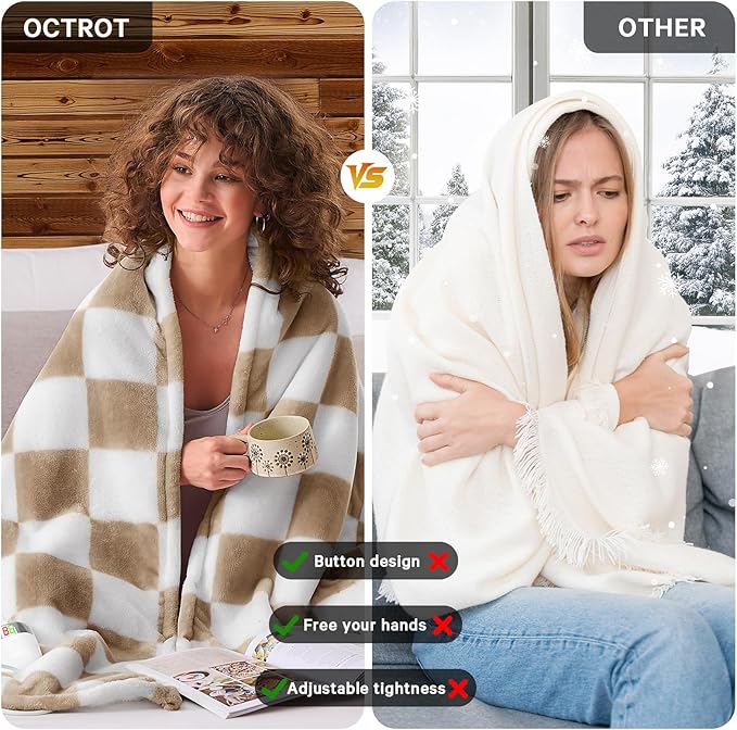 Light Brown Heated Throw Blanket Electric, 50X60 Heating Blanket with 10 Heat Levels & 8 Hours Auto Off for Lap, Checkered Plaid Soft Sherpa Blankets Warmer Gifts for Couch Grandma Women Adults, ETL