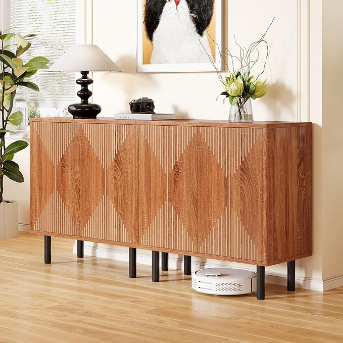 LITTLE TREE 59 Inches Long Sideboard Buffet Cabinet, Vintage Storage Cabinet with 4 Doors, Large Coffee Bar Cabinets for Kitchen, Cupboard Console Cabinets, Old Rose Color