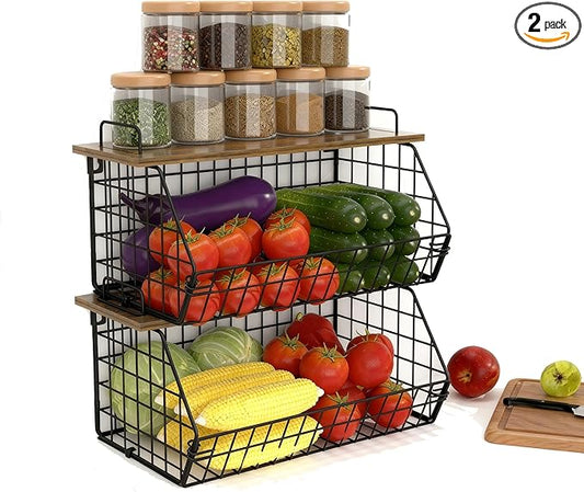 2 Pack Extra Large Kitchen Organizer Stackable Trash Bag Holder,Laundry Room Organizers Basket with Wood Top,Wall Mount Large Standard Garbage Bag Dispenser,Pantry Organizers,Under Sink Organization