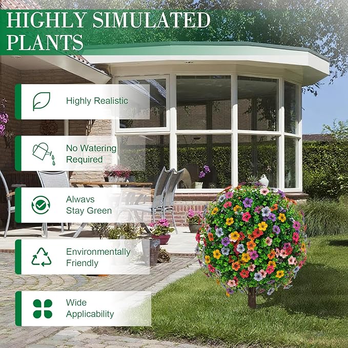 23" Artificial Boxwood Topiary Ball Trees with Colorful Flowers, Set of 2 UV Resistant No Fade Outdoor Faux Plants with Ground Spike, Fake Shrubs for Garden, Patio, Porch, Yard, Indoor Decor