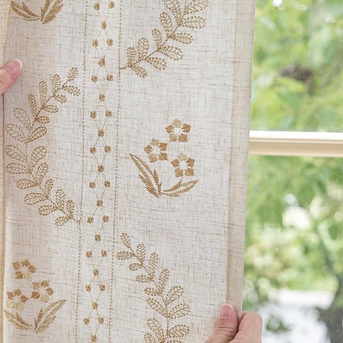 jinchan Belrose Linen Curtains for Bedroom Floral Curtains 90 Inch Length Linen Blend Beige Embroidered Drapes Farmhouse Flower Patterned Drapes for Living Room Window Treatments Set 2 Panels