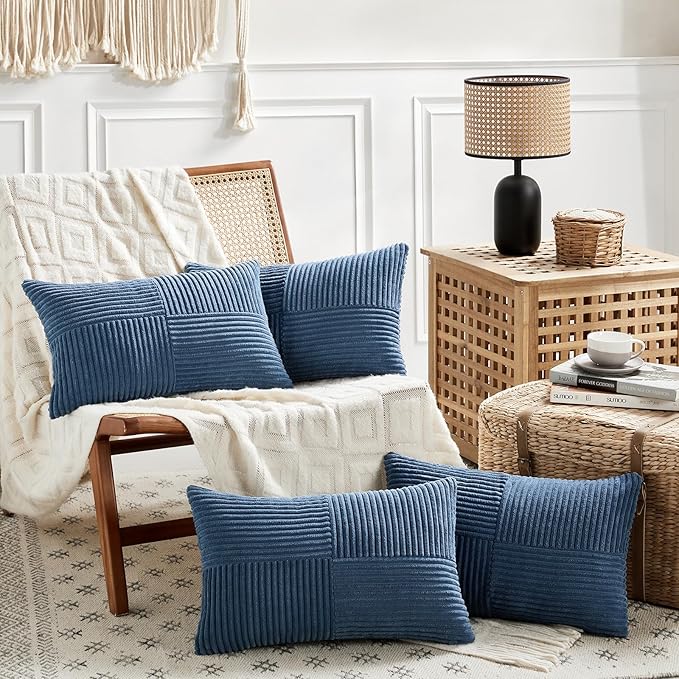 Fancy Homi 4 Packs Dusty Blue Lumbar Decorative Throw Pillow Covers 12x20 Inch for Couch Bed Sofa, Rustic Farmhouse Boho Home Decor, Soft Striped Corduroy Rectangle Accent Cushion Case 30x50 cm
