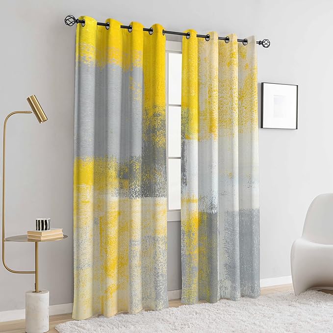 Yellow Window Curtain Yellow Grey Abstract Thermal Insulating Drapes Rust Art Treatment Drapes Modern Curtains for Living Room Bedroom Hotel, 52" x 84", 2 Panels