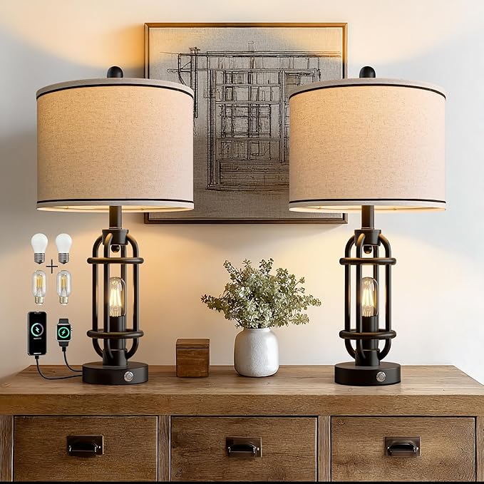24'' Table Lamps for Living Room Bedroom Set of 2 Industrial Touch Lamp with USB A+C Ports, Night Light Farmhouse Vintage Nightstand Bedside Lamps for Night Stands Metal Black, Bulbs Included