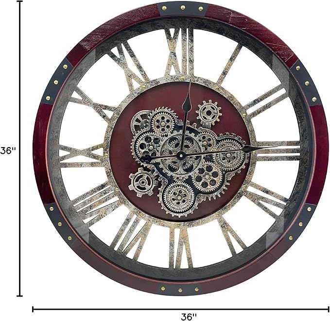 DORBOKER 36" Original Moving Gears Wall Clock, Large Industrial Wall Clock for Living Room Decor,Oversized Wood Vintage Farmhouse Steampunk Rustic Clocks for Wall Decor,Cherry Red