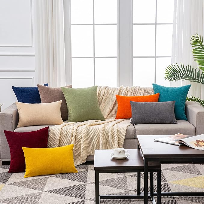 GAWAMAY Decorative Chenille Throw Pillow Covers 26x26 Inch Pack of 2, Soft Square Couch Pillow Cover for Sofa Cushion Living Room Bedroom Solid Dyed Oversized Pillowcases Yellow 66x66cm (ONLY Covers)