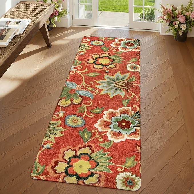 Lahome Red Floral Kitchen 2x5 Rug Runner, Washable Hallway Runner Vintage Christmas Throw Area Rug, Non-Slip Carpet for Entryway Living Room Laundry (2'x5', Red)