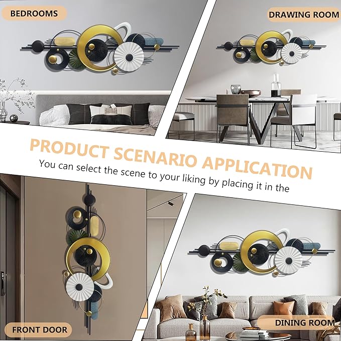 Modern Abstract Metal Wall Art,Large 59×20 Inches Wall Decor, Geometric Circles Design Wall Sculptures, Gold Black White, Wall Decoration for Living Room Bathroom Bedroom Dining Room