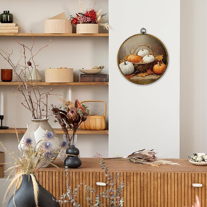 Mcehtle Vintage Fall Pumpkin Maple Leaf Wall Art Decor, Farmhouse Rustic Harvest Autumn Pumpkin Framed Canvas Prints 10x10, Fall Round Wall Hanging Artwork Decorations for Bedroom Living Room