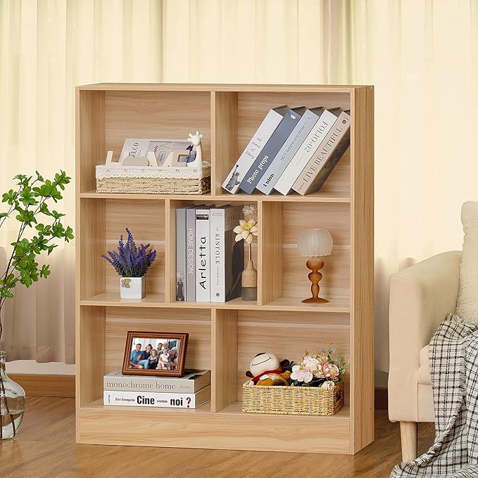 LEYAOYAO 7 Cube Bookshelf with Base,3 Tier Mid-Century Modern Natural Bookcase,Standing Wide Bookshelves Storage Organizer Shelf,Rustic Wood Display Cabinet Book Shelves for Bedroom,Living Room,Office