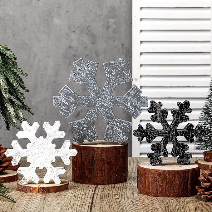 Bucherry 3 Pcs Winter Wooden Snowflake Decor Rustic Winter Snowflake Table Signs Wonderland Wood Blocks Farmhouse Christmas Tiered Tray Decorations for Xmas Table Shelf(Gray, White, Black)