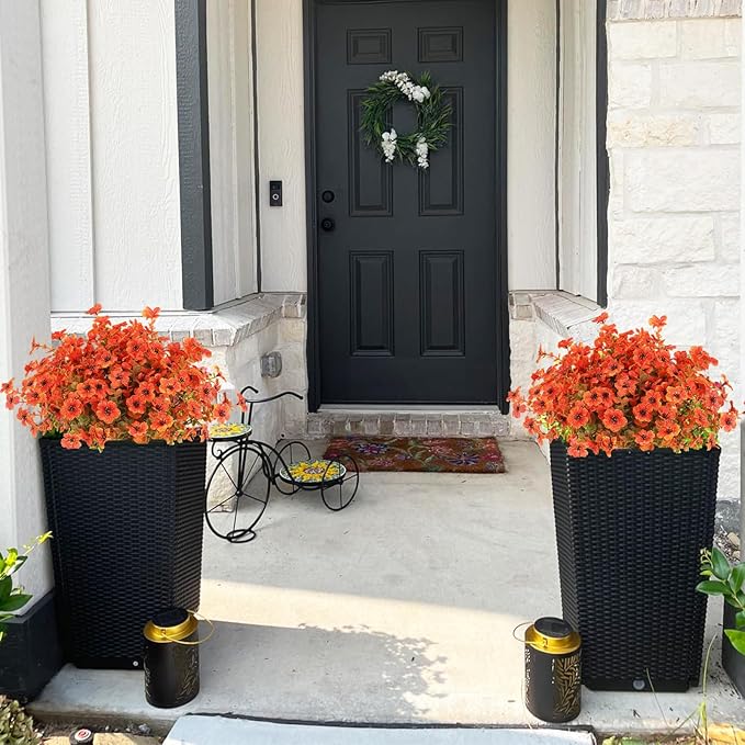 12 Bundles Artificial Mums Fall Flowers for Outdoors Fake Plants - Faux Outside Greenery Boxwood No Fade Plastic Shrubs Decor for Front Door Porch Planter Patio Garden Home Thanksgiving(Salmon)