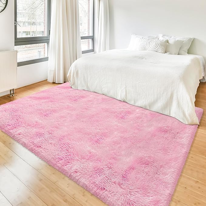 Tie-Dye Pink Fluffy Rug for Bedroom 4x6ft Soft Shag Area Rug Mat Bedside Throw Rug for Living Room Kids Room Boys Teens Nursery Baby Dorm Office Home Decor Aesthetic Carpets