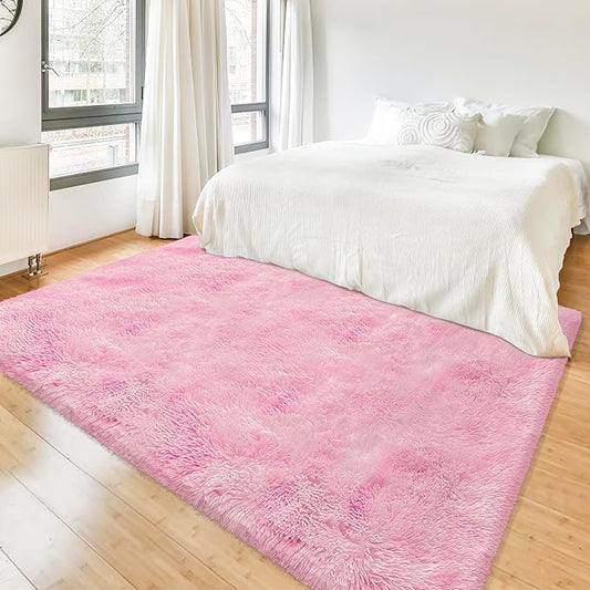 Tie-Dye Pink Fluffy Rug for Bedroom 4x6ft Soft Shag Area Rug Mat Bedside Throw Rug for Living Room Kids Room Boys Teens Nursery Baby Dorm Office Home Decor Aesthetic Carpets