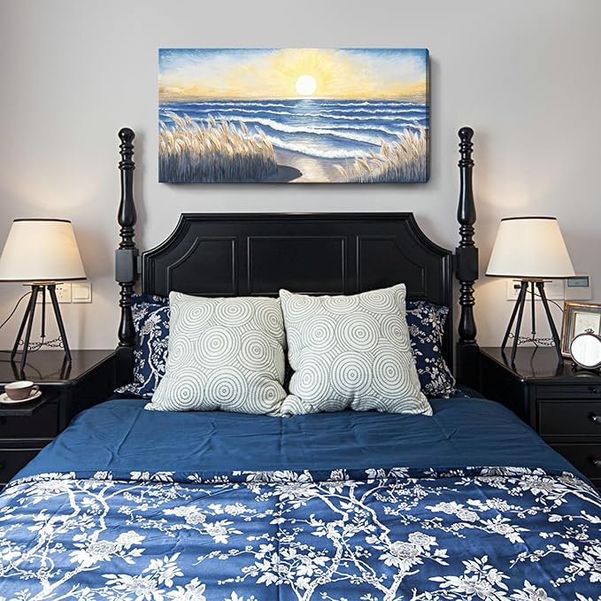 Ocean Canvas Wall Art for Living Room Seaside Sunset over the Beaches Coastal Reeds Blue Sea Waves Calm Seascape Painting Seashore Nature Landscape Artwork for Home Bedroom Office Decor 48x24inch