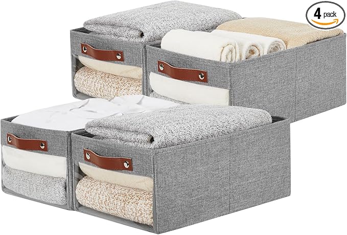 Medium Storage Baskets with Clear Window, See Through Closet Organizer with PU Handles, Linen Foldable Storage Bins for Organizing Clothes, Toys, Books (Gray)