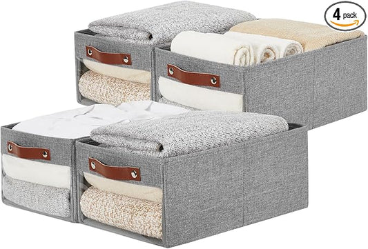 Medium Storage Baskets with Clear Window, See Through Closet Organizer with PU Handles, Linen Foldable Storage Bins for Organizing Clothes, Toys, Books (Gray)
