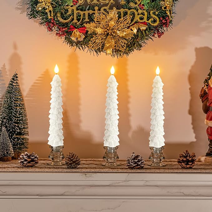 Homemory 3 Pcs Christmas Tree Candles with Remote, Waxy Flameless Taper Candles Flickering, White LED Candlesticks Battery Operated for New Year Celebration Holiday Decorations 9.7 Inches