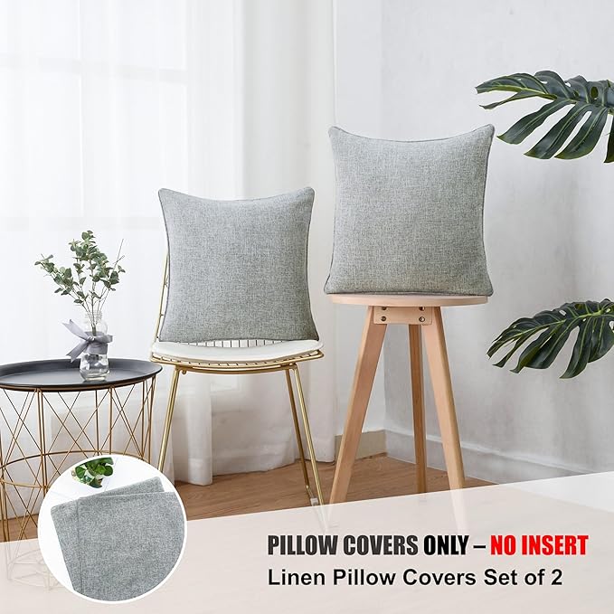 HPUK Linen Throw Pillow Covers Pack of 2, 18x18 Inch Accent Cushion Covers for Living Room, Bedroom, Decorative Solid Color Pillow Covers for Couch, Sofa, Chair, Grey