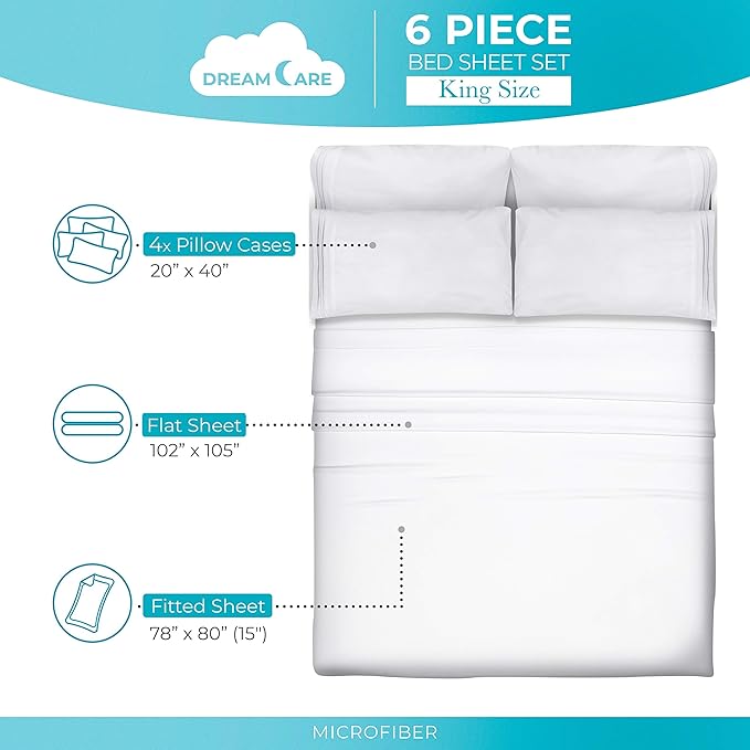 DREAMCARE King Size Sheets Set – 6 pcs Cooling Bed Sheets – up to 15” Deep Pocket King Sheet Set – 2500 Supreme Collection – Extra Soft 100% Brushed Microfiber Hotel Luxury with Side Pocket – White