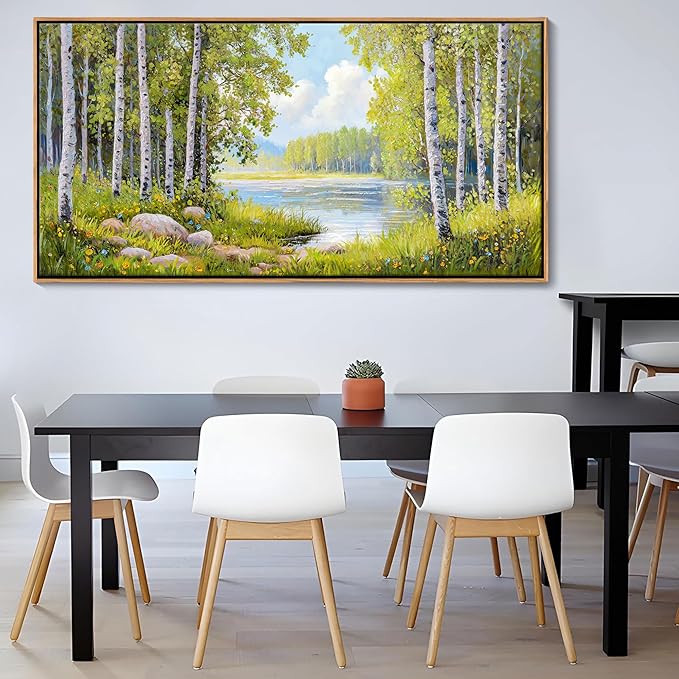 Forest & Mountain Wall Art Green Framed Nature Landscape Pictures for Living Room, Bedroom & Office Large Paintings Wall Decor Tree, Lake, and Mountain Artwork for Wall Decor 29x58IN